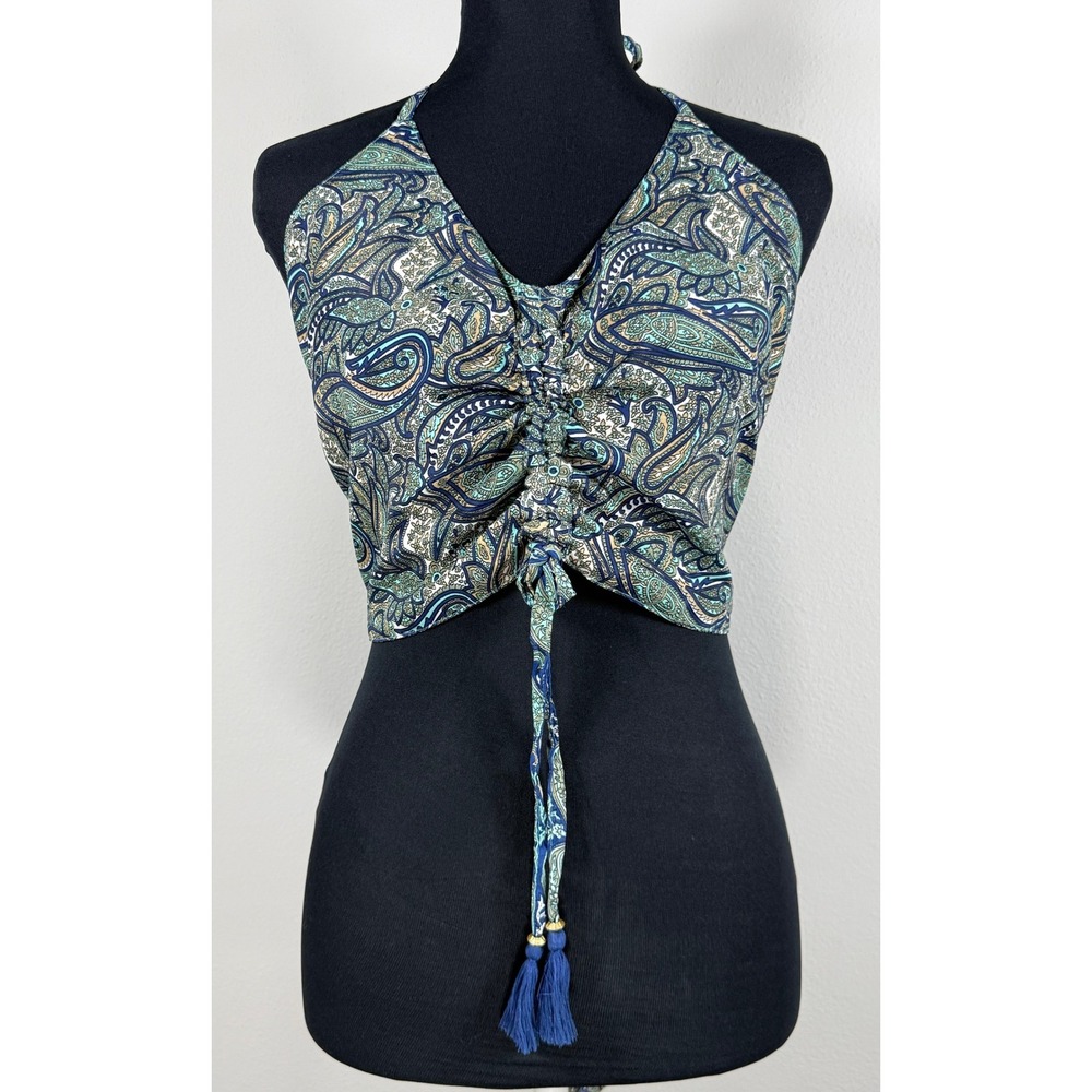 Earthbound Trading Co Paisley Halter Top Women XL Boho Tassel Blue Green NEW